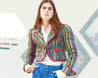 60s Colorful Quilted Puff Sleeve Jacket Vintage Striped Quilt Multicolor Statement Jacket
