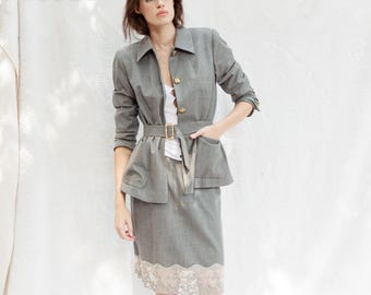 90s Gray Textured Blend DKNY Wool Skirt Suit Vintage 1990s Italian Lace Trim Minimal Belted Minimalist Two Piece Set