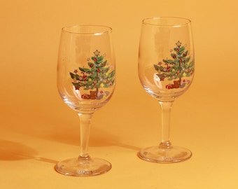 Set of 2 Vintage 80s Clear Glass Christmas Tree Festive Holiday Small Wine Glasses