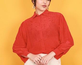 80s Bright Red Silk Beaded Blouse Vintage Long Sleeve Bead Formal Top