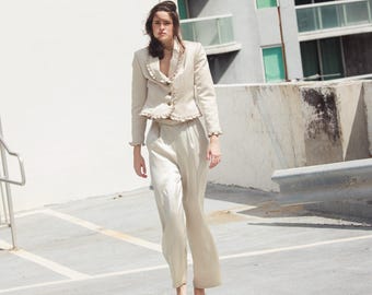 90s Light Taupe Ruffle Satin Ruffle Trim Jacket Wide Leg Trousers Set Vintage Oleg Cassini Bridal Courthouse Wedding Two Piece Suit