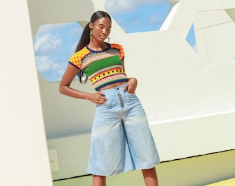 70s Blue Light Wash Denim Culottes Vintage Cropped Wide Leg Jean