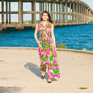 60s Pink Purple Watercolor Floral Jumpsuit Vintage Sleeveless Painted Cotton Jumpsuit