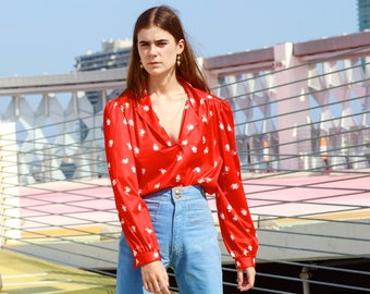 70s Red White Floral Long Sleeve Top Vintage Knit Bright Flower Blouse