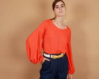 60s Orange Balloon Sleeve Blouse Vintage Statement Round Collar Top