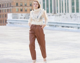 80s Light Brown Soft Leather High Waisted Pants Vintage Moto Belted Straight Leg Trousers