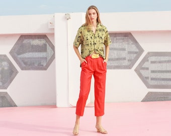 80s Bright Rose Pink Trousers Vintage Wool Slouchy Escada Belted Pants