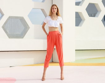 80s Peach Coral Pink High Waisted Pants Vintage Rayon Relaxed Trousers