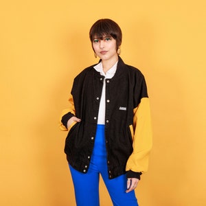 80s Black Yellow Varsity Jacket Vintage Long Sleeve Oversize Unisex Bomber Jacket image 1