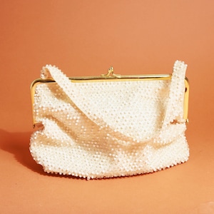 Bolso de noche de oro con cuentas beige de los años 50 Bolso de embrague formal crema vintage