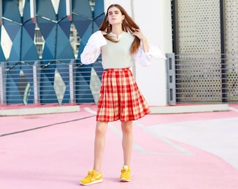 60s Red White Plaid High Waisted Skirt Vintage Kilt Wool Pleated Skirt