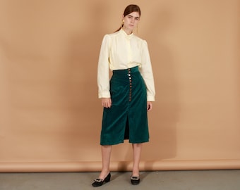 70s Emerald Green Velvet High Waisted Skirt Vintage A Line Button Skirt