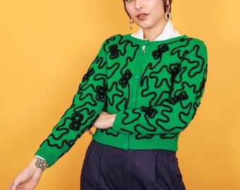 80s Green Black Embroidered Wool Jacket Vintage Knit Cropped Designer Cardigan