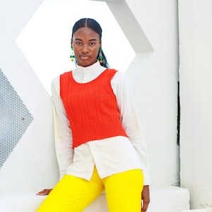 60s Deep Orange Sweater Vest Vintage Sleeveless Bright Cable Knit Vest