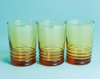 Set of 3 Vintage Amber Gradient Short Clear Glasses Cups