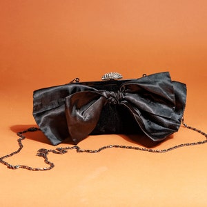 50s Black Velvet Bow Evening Purse Vintage Luxury Silver Rhinestone Shoulder Strap Clutch