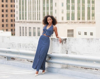 70s Vintage Polka Dot Two Piece Set: Halter Top & Maxi Skirt