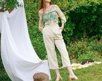 60s Light Beige Corduroy Trousers Vintage Cropped Straight Leg Pants