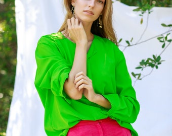 80s Bright Green Long Sleeve Top Vintage Colorful Button Down Blouse