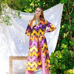 60s Colorful Purple Yellow Mod Print Robe Vintage Psychedelic Long Jacket Dress image 2