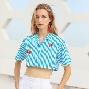 80s Blue Striped Cherry Hand Embroidered Crop Top Vintage Reworked Blouse image 1