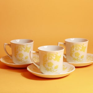 Set of 3 80s Vintage White Yellow Floral Pattern Ceramic Teacups with Plates image 1