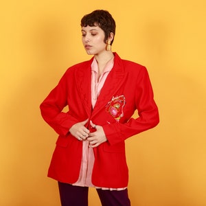 80s Bright Red Hand Embroidered Face Blazer Vintage Reworked Jacket image 1