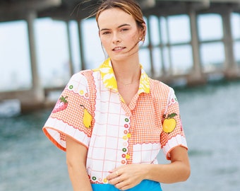 Handmade Orange Yellow Floral Strawberry Blouse Vintage Lemon Summer Handmade Upcycled Top