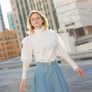 70s White Lace High Collar Cotton Gunne Sax Blouse Vintage Mutton Sleeve Victorian Top