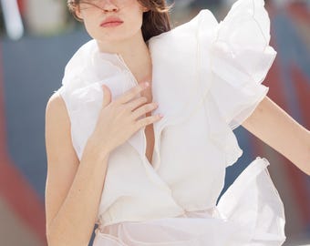 60s White Organza Sheer Ruffle Statement Collar Bridal Blouse 