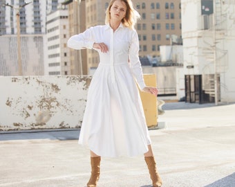 80er Jahre Weißes Langarm Tellerrock Baumwoll Kleid Vintage Minimal Classic Long Shirt Maxi Dress