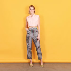 80s Grey Striped High Waisted Pants Vintage Slim Fitted Straight Leg Stripe Trousers