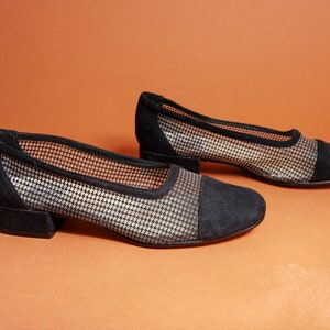 80s Black Velvet Mesh Houndstooth Flats Vintage Patterned Classic Slip on Flats Shoes