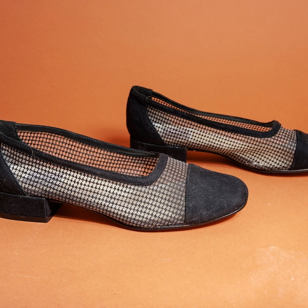 80s Black Velvet Mesh Houndstooth Flats Vintage Patterned Classic Slip on Flats Shoes