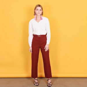 80s Dark Red High Waisted Trousers Vintage Buckle Straight Pants
