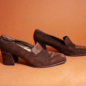 80s Chocolate Brown Velvet Calf Hair Loafers Vintage Chunky Heel Slip on Loafers