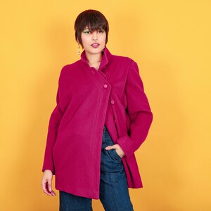 80s Dark Fuchsia Structured Wool Coat Vintage Long Sleeve Asymmetrical Military Jacket