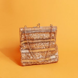 60s Silver Sequin Chain Strappy Purse Vintage Beaded Embellished Art Deco Coin Purse Clutch image 1