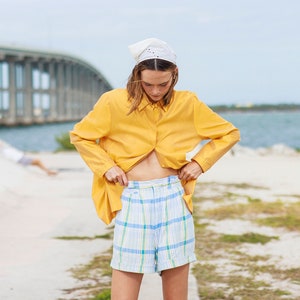 80s Pastel Pink Blue Plaid High Waisted Shorts Vintage Cotton High Rise Checkered Summer Shorts