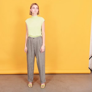 70s Black Herringbone Plaid Print Trousers Vintage High Rise Wool Pants