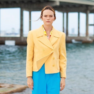 70s Light Yellow Cropped Double Breasted Jacket Vintage Pastel Wool Long Sleeve Blazer