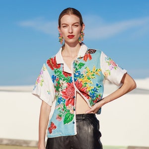 Handmade Bright Wild Flower Novelty Embroidered Blouse Vintage Handmade Floral Upcycled Linen Top