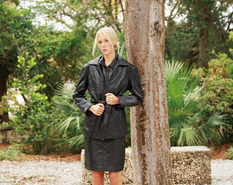 80s Black Leather Zipper Patchwork Three Piece Set Vintage 1980s Zip Jacket Vest Skirt Set Minimal Office Siren Leather Set