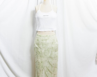 Falda larga de capas con estampado floral verde claro de los años 90. Falda asimétrica de gasa con capas de la marca Chetta B, estilo vintage de los años 90.
