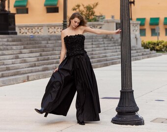 80s Black Victor Costa Taffeta Palazzo Pants Vintage Designer Pleated Statement Bow Trousers