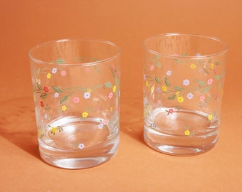 Set of 2 Vintage Dainty Small Flower Glass Cups Glasses