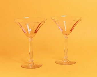 Set of 2 50s Pink Clear Martini Glasses Vintage Cocktail Pastel Barware Glass