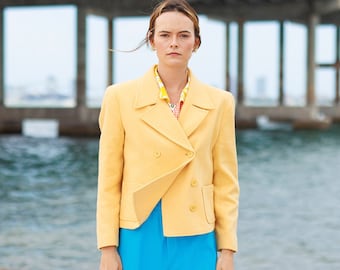 70s Light Yellow Cropped Double Breasted Jacket Vintage Pastel Wool Long Sleeve Blazer