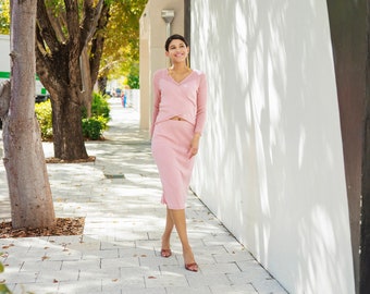 60s Rose Pink Skirt Top Two Piece Set Vintage Knit Wrap Blouse Matching Set