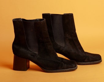 Black Velvet Chunky Heel Vintage Stretchy Ankle Boots